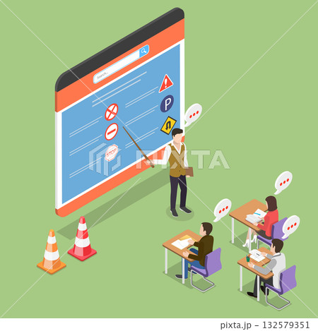 3D Isometric Flat Vector Illustration of Road Safety Learing, Professional School With Experienced Instructors And Comprehensive Lessons 132579351