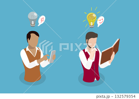 3D Isometric Flat Vector Illustration of Book Vs Phone, Development and Degradation 132579354