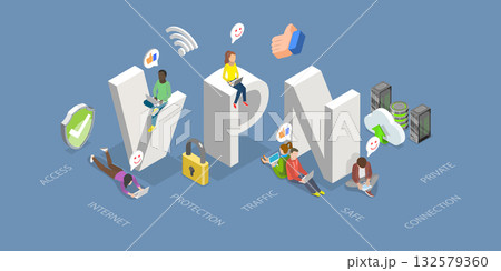 3D Isometric Flat Vector Illustration of VPN, Virtual Private Network, Cyber Security and Privacy 132579360