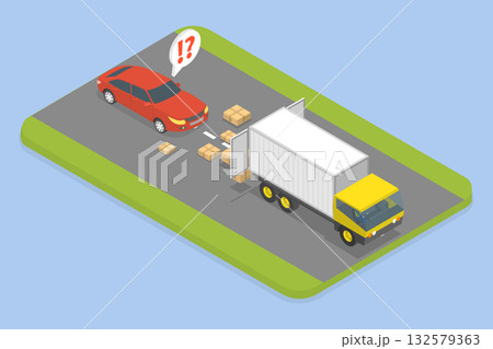 3D Isometric Flat Vector Illustration of Road Accident, Boxes Spilled From Truck Into Passing Car Due To Door Being Left Unlocked 132579363