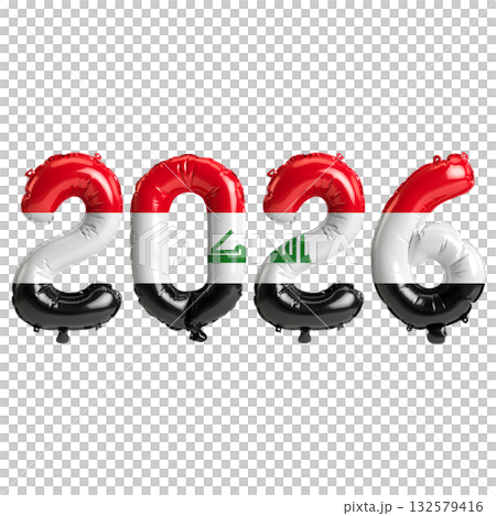 Iraq flag colors 2026 3d illustration, balloon numbers 3d rendering on tran.. 132579416