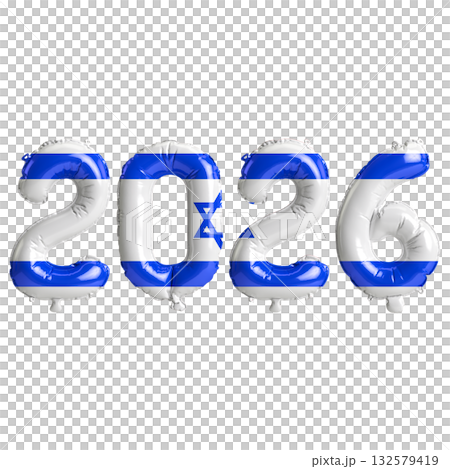 Israel flag colors 2026 3d illustration, balloon numbers 3d rendering on tr.. 132579419