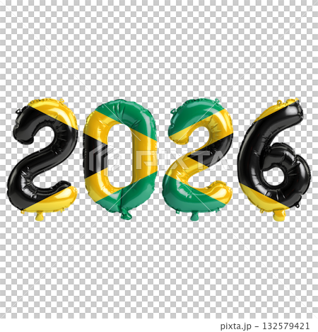 Jamaica flag colors 2026 3d illustration, balloon numbers 3d rendering on t.. 132579421