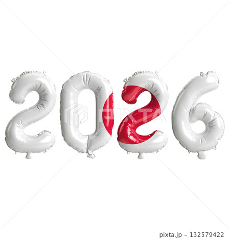 Japan flag colors 2026 3d illustration, balloon numbers 3d rendering on tra.. 132579422
