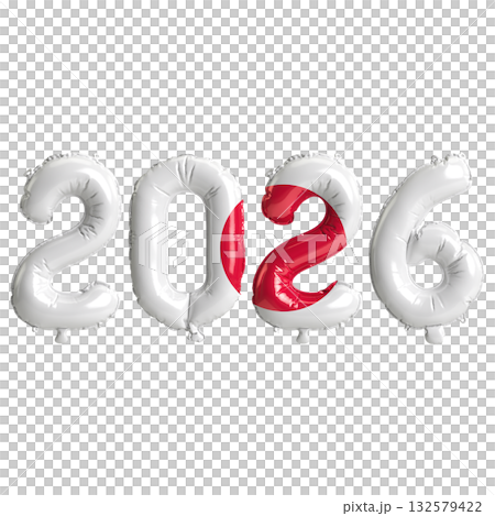 Japan flag colors 2026 3d illustration, balloon numbers 3d rendering on tra.. 132579422
