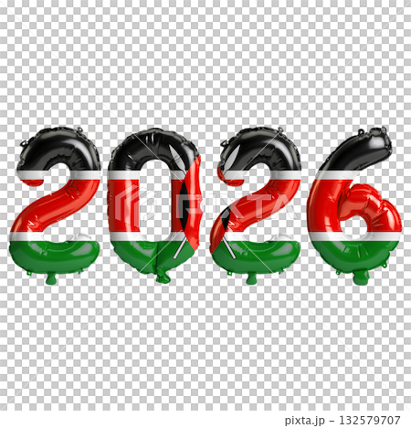 Kenya flag colors 2026 3d illustration, balloon numbers 3d rendering on tra.. Kenya flag colors 2026 3d illustration, balloon numbers 3d rendering on tra.. 132579707
