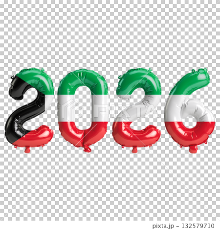 Kuwait flag colors 2026 3d illustration, balloon numbers 3d rendering on tr.. Kuwait flag colors 2026 3d illustration, balloon numbers 3d rendering on tr.. 132579710