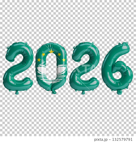 Macau flag colors 2026 3d illustration, balloon numbers 3d rendering on tra.. 132579791