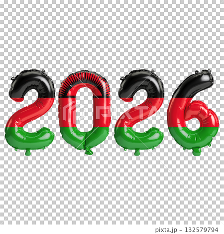 Malawi flag colors 2026 3d illustration, balloon numbers 3d rendering on tr.. 132579794