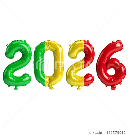 Mali flag colors 2026 3d illustration, balloon numbers 3d rendering on tran.. 132579912