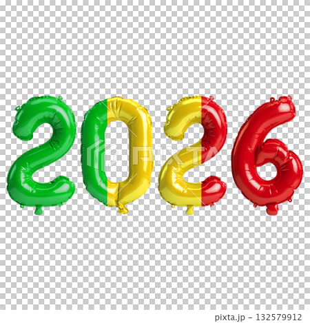 Mali flag colors 2026 3d illustration, balloon numbers 3d rendering on tran.. 132579912