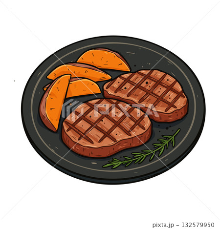 Grilled steak with roasted sweet potato wedges and rosemary on dark plate tasty homemade meal Grilled steak with roasted sweet potato wedges and rosemary on dark plate tasty homemade meal 132579950