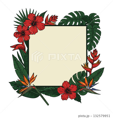 Tropical floral frame with red hibiscus and exotic birds of paradise flowers and large green leaves vector illustration Tropical floral frame with red hibiscus and exotic birds of paradise flowers and large green leaves vector illustration 132579951