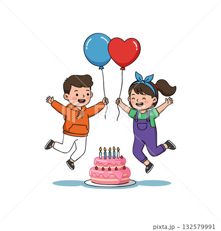 Children celebrating birthday with balloons and pink cake happy jumping and joyful atmosphere vector illustration 132579991