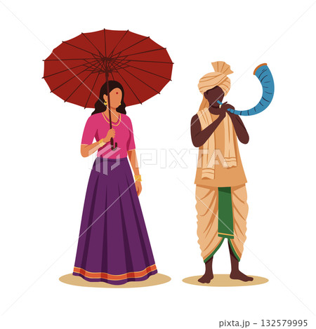 Indian man playing traditional horn and woman holding red umbrella in ethnic clothing vector illustration Indian man playing traditional horn and woman holding red umbrella in ethnic clothing vector illustration 132579995