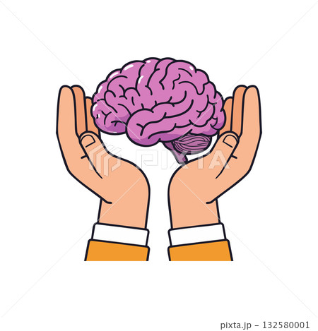 Brain held carefully in hands symbolizing mental health and protection with purple brain and orange sleeves vector illustration Brain held carefully in hands symbolizing mental health and protection with purple brain and orange sleeves vector illustration 132580001