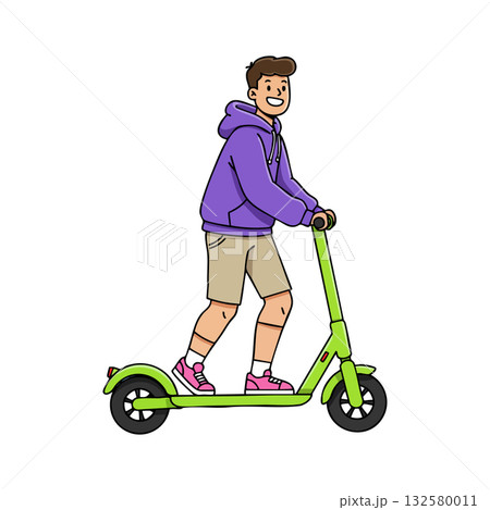 Young man riding green electric scooter wearing purple hoodie and beige shorts in casual style vector illustration Young man riding green electric scooter wearing purple hoodie and beige shorts in casual style vector illustration 132580011