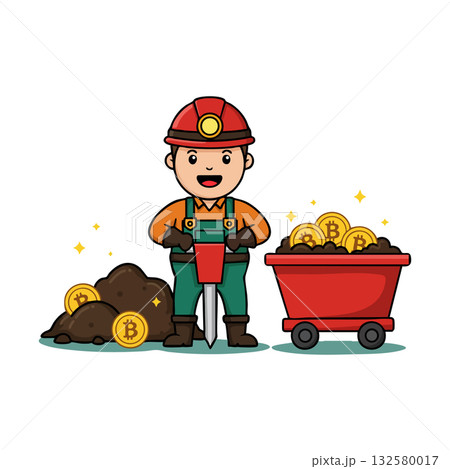 Bitcoin miner cartoon character with mining cart and coins digital currency mining concept vector illustration 132580017