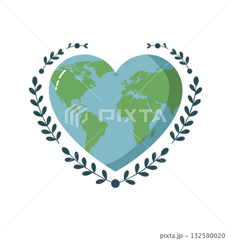 Heart shaped earth globe with green continents and blue oceans surrounded by decorative leaf wreath vector illustration 132580020