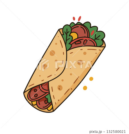 Burrito wrap with fresh vegetables and meat filling tasty Mexican food vector illustration Burrito wrap with fresh vegetables and meat filling tasty Mexican food vector illustration 132580021