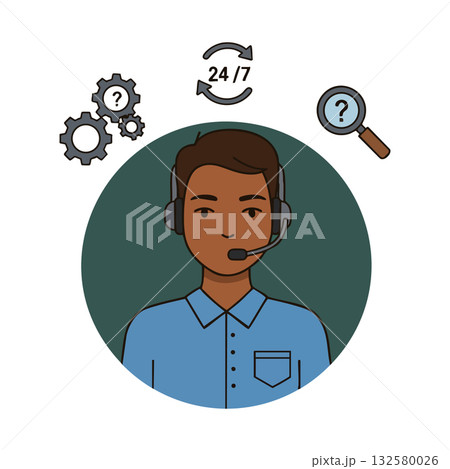 Customer support representative with headset answering questions and providing 24/7 service vector illustration 132580026