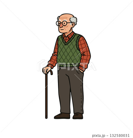 Elderly man with cane wearing green vest and glasses standing in casual pose vector illustration 132580031