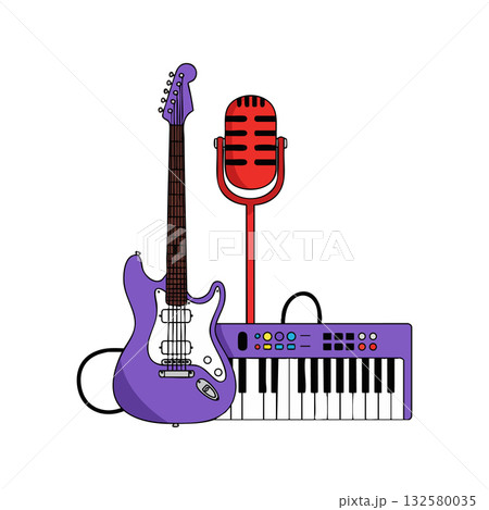 Purple Electric Guitar Red Microphone and Purple Keyboard Music Instruments Vector Illustration Purple Electric Guitar Red Microphone and Purple Keyboard Music Instruments Vector Illustration 132580035