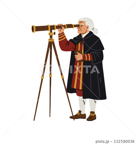 Historical scientist using vintage telescope for astronomical observation in classic attire vector illustration Historical scientist using vintage telescope for astronomical observation in classic attire vector illustration 132580036