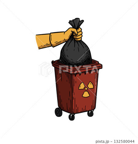 Waste Disposal Illustration with Hand Holding Black Trash Bag Over Red Radioactive Bin Vector Graphic Waste Disposal Illustration with Hand Holding Black Trash Bag Over Red Radioactive Bin Vector Graphic 132580044
