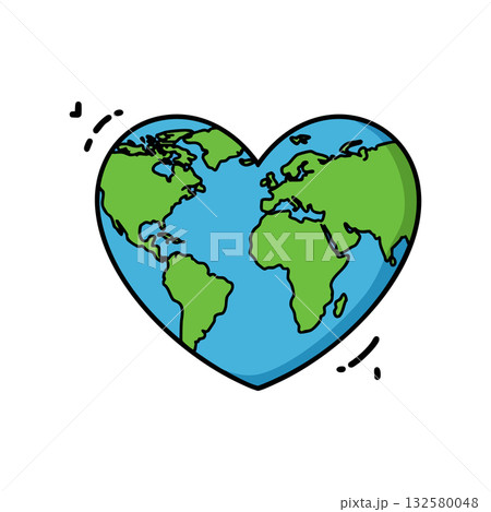 Heart shaped earth planet globe illustration with continents in blue and green colors for love and environment concept Heart shaped earth planet globe illustration with continents in blue and green colors for love and environment concept 132580048