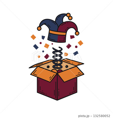 Joker hat popping out of surprise box with confetti and festive colors vector illustration design Joker hat popping out of surprise box with confetti and festive colors vector illustration design 132580052