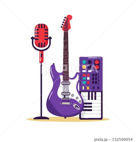 Purple electric guitar with red microphone and music synthesizer vector illustration for modern music studio equipment and audio production design Purple electric guitar with red microphone and music synthesizer vector illustration for modern music studio equipment and audio production design 132580054