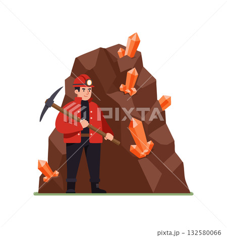 Miner with pickaxe extracting orange crystals from brown rock vector illustration in flat design 132580066