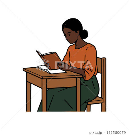 Woman reading book at wooden desk in orange top and green skirt vector illustration for education or study concept 132580079