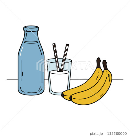 Blue bottle with glass of milk and two yellow bananas vector drawing with striped straws for healthy breakfast or snack Blue bottle with glass of milk and two yellow bananas vector drawing with striped straws for healthy breakfast or snack 132580090