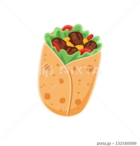 Burrito filled with beef, lettuce, corn, and red peppers in a tortilla wrap vector illustration Burrito filled with beef, lettuce, corn, and red peppers in a tortilla wrap vector illustration 132580099