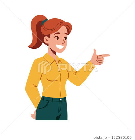 Young woman smiling and pointing finger gesture in casual yellow shirt and green pants vector illustration Young woman smiling and pointing finger gesture in casual yellow shirt and green pants vector illustration 132580100