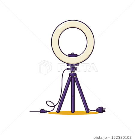 Ring light with tripod stand and power cord vector illustration for photography and video lighting equipment in purple and cream colors 132580102