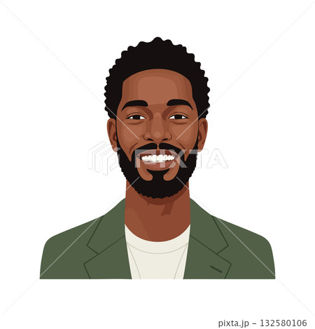 Smiling African American man with beard wearing green blazer and white shirt vector portrait illustration 132580106