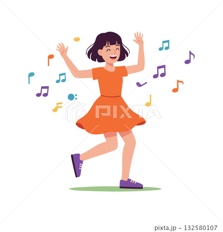 Girl dancing happily in orange dress with purple shoes surrounded by colorful musical notes vector illustration Girl dancing happily in orange dress with purple shoes surrounded by colorful musical notes vector illustration 132580107