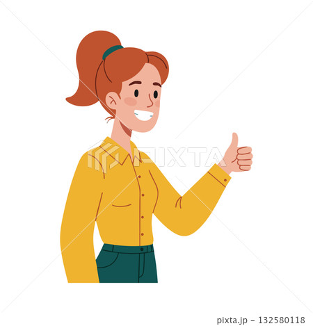 Young woman giving thumbs up positive gesture in casual yellow shirt and green pants vector illustration 132580118
