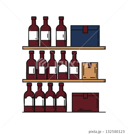 Wine bottles and storage boxes on wooden shelves vector illustration showing organized beverage storage in cellar or shop environment Wine bottles and storage boxes on wooden shelves vector illustration showing organized beverage storage in cellar or shop environment 132580123