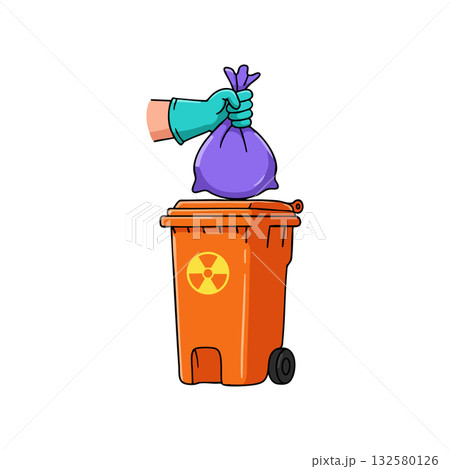 Hand with glove holding purple bag over orange radioactive waste bin vector illustration for environmental safety and hazardous material disposal Hand with glove holding purple bag over orange radioactive waste bin vector illustration for environmental safety and hazardous material disposal 132580126