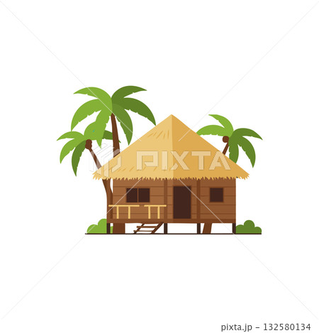 Tropical wooden hut with thatched roof surrounded by palm trees summer vacation vector illustration 132580134