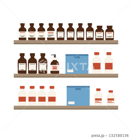 Medicine bottles and pharmaceutical containers organized on three shelves in flat style vector illustration 132580136