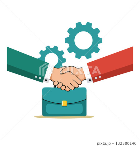 Business handshake agreement with briefcase and gears symbolizing cooperation and partnership in professional settings vector illustration Business handshake agreement with briefcase and gears symbolizing cooperation and partnership in professional settings vector illustration 132580140