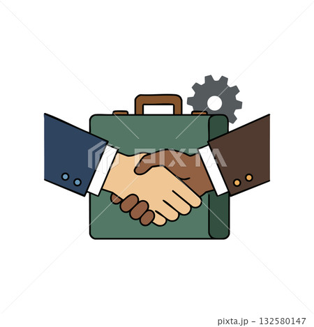Business handshake with briefcase and gear symbolizing partnership and teamwork success in corporate environment vector illustration 132580147