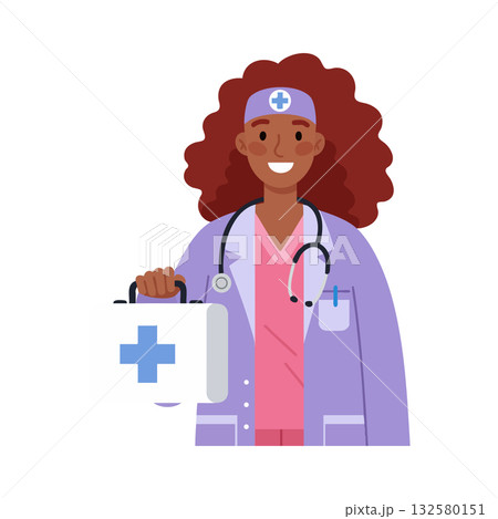 Female nurse smiling with medical kit and stethoscope wearing purple coat and cap healthcare professional vector illustration 132580151