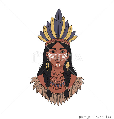 Native American woman portrait with traditional feather headdress and face paint in vector style illustration 132580153
