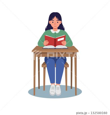 Young woman reading book at wooden desk indoor learning education concept vector illustration Young woman reading book at wooden desk indoor learning education concept vector illustration 132580160